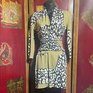 Roberto Cavalli Olive Green and Black Animal Print Long Sleeve Dress